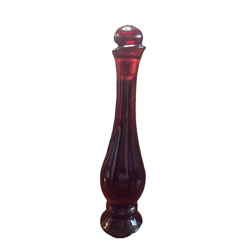 AVON Vintage Ruby Red Bud Vase Glass 8" Bottle with Stopper Empty